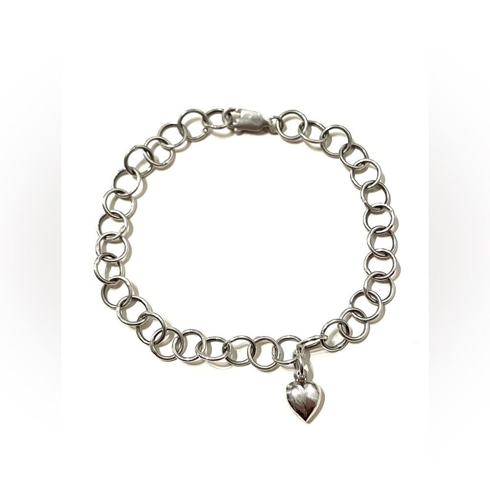 Sterling Silver 925 Circle Links Heart Charm Bracelet 6.5”
